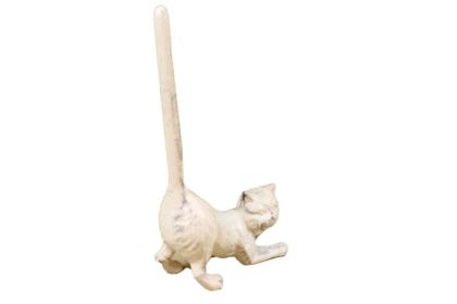 Whitewashed Cast Iron Cat Paper Towel Holder 10""