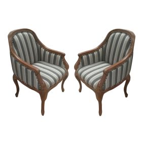 Upholstered Accent Armchair with Stripe Print and Nailhead trim; Set of 2; Gray and White