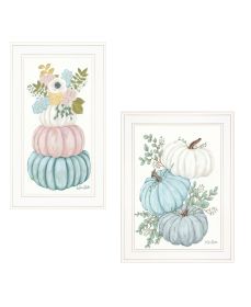 "Floral Pumpkins 2" 2-Piece Vignette by Sara Baker, Ready to Hang Framed Print, White Frame