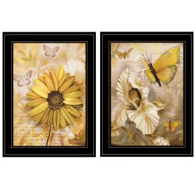 "Flowers & Butterflies" 2-Piece Vignette By Ed Wargo, Ready to Hang Framed Print, Black Frame