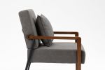 Mid-Century Modern Accent Chair, Upholstered Leather Armchair with Solid Wood Armrest & Removable Cushions, Comfy Retro Leisure Chair Reading Chair fo