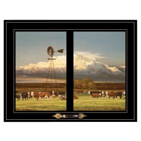 "Summer Pastures (Holstein cows with windmill)" by Bonnie Mohr, Ready to Hang Framed Print, Black Window-Style Frame