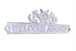 Whitewashed Cast Iron Welcome Aboard Sign with Ship Wheel and Anchors 9""