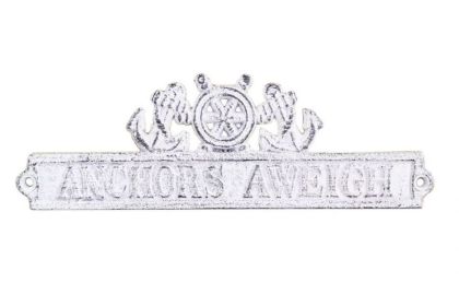 Whitewashed Cast Iron Captains Quarters Sign with Ship Wheel and Anchors 9&quot;