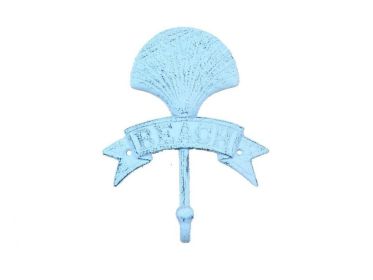 Rustic Dark Blue Whitewashed Cast Iron Seashell Beach Hook 8""