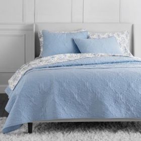 King Size Cotton 3-Piece Quilt Set in White with Quilted Damask Pattern (Options: King Blue Damask)