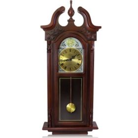 Bedford Clock Collection 26.5 Inch Chiming Pendulum Wall Clock in Colonial Mahogany Cherry Oak Finish (Options: Roman Numerals 38 inches)