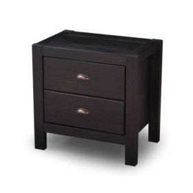 Farmhouse Style Solid Pine Wood 2-Drawer Nightstand Bedside Table in Black (Color: Black)