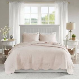 King Size 3 Piece Reversible Scalloped Edges Microfiber Quilt Set in Seafoam (Color: Blush)