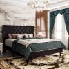 King Size Dark Grey Linen Upholstered Platform Bed with Button-Tufted Headboard