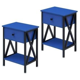 Set of 2 - 1 Drawer Nightstand in Grey and Black Wood Finish (Color: Dark Blue)