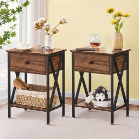 Set of 2 - Rustic Farmhouse 1-Drawer Nightstand Bedside Table in White (Color: Brown)