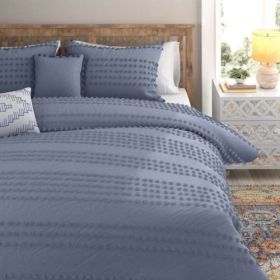 King size 5-Piece 100-Percent Cotton Clip Dot Boho Comforter Set in Denim Blue (Options: Full/Queen Denim Blue)