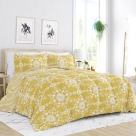 King size 3-Piece Blue and White Reversible Floral Striped Comforter Set (Options: Full/Queen Yellow)