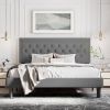 King Size Dark Grey Linen Upholstered Platform Bed with Button-Tufted Headboard