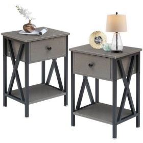 Set of 2 - 1 Drawer Nightstand in Grey and Black Wood Finish (Color: Grey)
