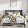 King Size Upholstered Linen Blend Headboard Wingback Platform Bed in Turquoise