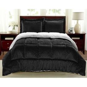 King Size 3 Piece Ultra Soft Sherpa Wrinkle Resistant Comforter Set in Black (size: King Size)