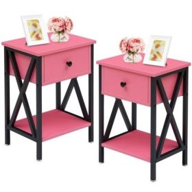 Set of 2 - 1 Drawer Nightstand in Grey and Black Wood Finish (Color: Pink)