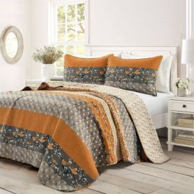 King Size Orange Grey Floral Birds Reversible 3 Piece Quilt Set (size: King Size)