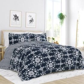 King size 3-Piece Blue and White Reversible Floral Striped Comforter Set (Options: Twin Size Navy Blue&White)