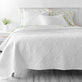 King Size Cotton 3-Piece Quilt Set in White with Quilted Damask Pattern (Options: Queen White Damask)