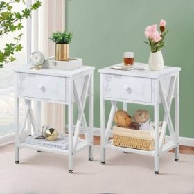 Set of 2 - Rustic Farmhouse 1-Drawer Nightstand Bedside Table in White (Color: White)