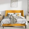 King Size Upholstered Linen Blend Headboard Wingback Platform Bed in Turquoise