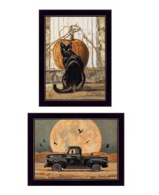 "Harvest Moon with A Black Cat & Truck" 2-Piece Vignette by Bonnie Mohr, Ready to Hang Framed Print, Black Frame (Color: Beige)