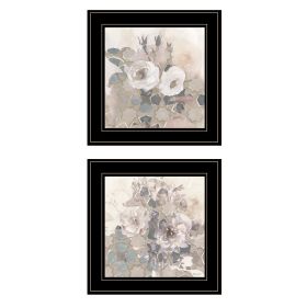 "Transitional Blooms" 2-Piece Vignette By Stellar Design Studio, Ready to Hang Framed Print, Black Frame (Color: Beige)