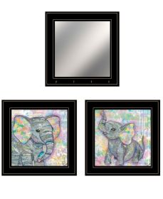"Elephant I & II" 3-Piece Vignette By Lisa Morales, Ready to Hang Framed Print, Black Frame (Color: Beige)