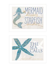 "Mermaid Kisses Starfish Wishes" 2-Piece Vignette by Kate Sherrill, Ready to Hang Framed Print, White Frame (Color: Beige)