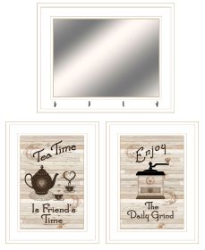 "Enjoy Tea Time" 3-Piece Vignette By Trendy Decor 4U, Ready to Hang Framed Print, White Frame (Color: Beige)