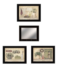 "Garden Bath Collection " 4-Piece Vignette By Pam Britton, Ready to Hang Framed Print, Black Frame (Color: Beige)