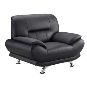 Leather Upholstered Wooden Chair with Bustle Cushion Back and Pillow Top Armrest, Dark Brown (Color: Black)