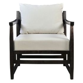 Malibu 27 Inch Handcrafted Mango Wood Accent Chair, Fabric, Pillow Back, Open Frame, Light Gray, Black (Color: Grey)