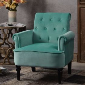 Elegant Button Tufted Club Chair Accent Armchairs Roll Arm Living Room Cushion with Wooden Legs; Rosewood Velvet (Color: Teal Velvet)