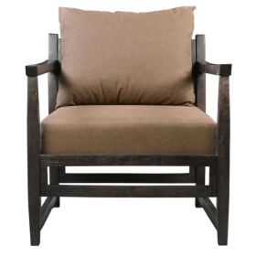 Malibu 27 Inch Handcrafted Mango Wood Accent Chair, Fabric, Pillow Back, Open Frame, Light Gray, Black (Color: Brown)