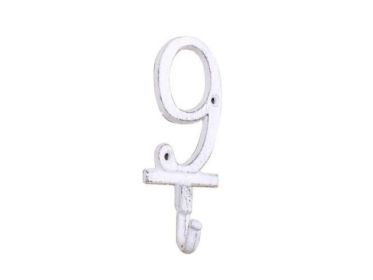 Whitewashed Cast Iron Number 9 Wall Hook 6"" (Numbers: Number 9)
