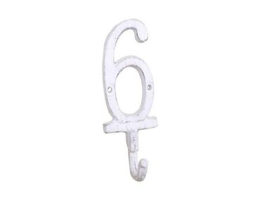Whitewashed Cast Iron Number 9 Wall Hook 6"" (Numbers: Number 6)