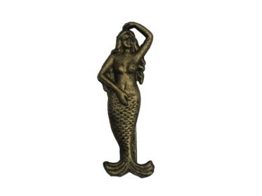 Whitewashed Cast Iron Mermaid Door Knocker 7"" (Options: Rustic Gold)