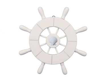 White Decorative Ship Wheel With Seagull 9"" (Options: Seashell 9"")