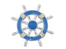 Rustic Light Blue And White Decorative Ship Wheel With Sailboat 12""