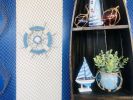Rustic Light Blue And White Decorative Ship Wheel With Sailboat 12""