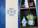 Rustic Light Blue And White Decorative Ship Wheel With Sailboat 12""