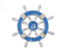 Rustic Light Blue And White Decorative Ship Wheel With Sailboat 12""