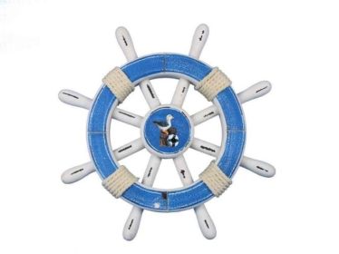 Rustic Light Blue And White Decorative Ship Wheel With Sailboat 12"" (Options: Seagull 12"")