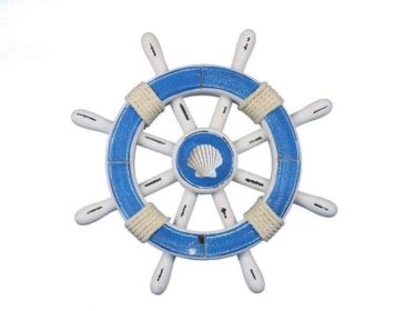 Rustic Light Blue And White Decorative Ship Wheel With Sailboat 12"" (Options: Seashell 12"")
