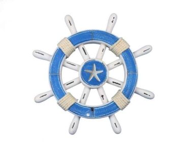 Rustic Light Blue And White Decorative Ship Wheel With Sailboat 12"" (Options: Starfish 12"")